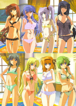 Rule 34 | 00s, 6+girls, :o, adjusting hair, age difference, ahoge, animal print, aqua eyes, arm behind back, asymmetrical hair, benibara nadeshiko, black hair, blonde hair, blue eyes, blue hair, bow, bow bra, bow panties, bra, breasts, breasts apart, brown eyes, camisole, cat bra, cat panties, cat print, cat print bra, cat print panties, cleavage, clenched hand, closed mouth, clothes writing, contrapposto, covered erect nipples, cowboy shot, curtains, everyone, female focus, flat chest, flipped hair, frilled bra, frilled panties, frills, front-tie top, fuyou kaede, green bra, green hair, green panties, grey hair, grey panties, grin, groin, hair between eyes, hair bow, hair ribbon, hair tie, hairband, half updo, hand on own hip, head tilt, heterochromia, highres, hip focus, hosoda naoto, indoors, kareha, lace, lace-trimmed bra, lace-trimmed panties, lace trim, large breasts, legs apart, legs together, light smile, lineup, lingerie, lipstick, lisianthus, long hair, long pointy ears, looking at viewer, lowleg, lowleg panties, makeup, matching underwear, mature female, mayumi thyme, midriff, multiple girls, narrow waist, navel, nerine, official art, orange hair, painting (object), pale skin, panties, parted bangs, parted lips, pink bra, pink panties, plant, pointy ears, potted plant, primula, print panties, purple eyes, purple panties, raised eyebrows, red bra, red eyes, red hair, red panties, ribbon, ribbon-trimmed bra, ribbon-trimmed panties, ribbon trim, rug, scan, see-through clothes, shigure asa, short hair, short hair with long locks, shuffle!, side-tie panties, sidelocks, small breasts, smile, standing, stitched, thigh gap, thighs, third-party edit, tile floor, tiles, tress ribbon, twintails, underwear, underwear only, very long hair, white bra, white panties, window, yellow bra, yellow panties