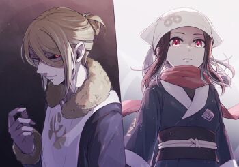 Rule 34 | 1boy, 1girl, akari (pokemon), alternate eye color, blonde hair, blue eyes, commentary request, evil smile, gura (rick grick), headscarf, heterochromia, light, long sleeves, looking down, looking up, nintendo, pokemon, pokemon legends: arceus, red eyes, red scarf, scarf, sidelocks, smile, volo (pokemon), white headscarf