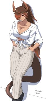 1girl breasts cleavage earrings highres horns jewelry large_breasts nasu_(ilo_a5) pants shirt smile tagme tied_shirt