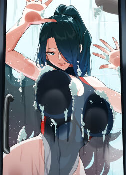 1girl absurdres against_glass azuma_fubuki blue_eyes blue_hair blue_one-piece_swimsuit breast_press breasts breasts_on_glass bright_pupils competition_swimsuit gradient_hair hair_over_one_eye hand_on_glass highleg highleg_one-piece_swimsuit highres huge_breasts long_hair looking_at_viewer mato_seihei_no_slave mature_female multicolored_hair one-piece_swimsuit parted_lips seductive_smile shower_(place) shower_head smile soap_bubbles solo swimsuit turtleneck turtleneck_one-piece_swimsuit very_long_hair white_pupils yamada_otonari