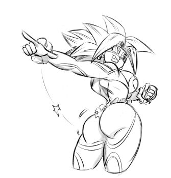 Rule 34 | 1girl, alternate costume, ass, ass cutout, backboob, breasts, clothing cutout, cosplay, dragon ball, dragon ball super, earrings, eye mask, funsexydragonball, highres, jewelry, kefla (dragon ball), leotard, looking back, mask, monochrome, muscular, muscular female, pointing, potara earrings, rainbow mika, revealing clothes, sketch, smile, spiked hair, street fighter, teeth, thong leotard, white background