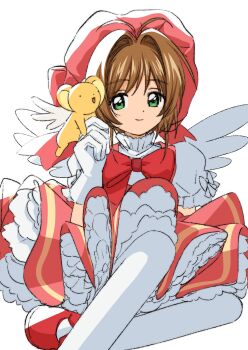 1girl 7ben9i absurdres brown_hair cardcaptor_sakura dress frilled_dress frills gloves green_eyes hat highres kero_(cardcaptor_sakura) kinomoto_sakura kinomoto_sakura_(magician) looking_at_viewer magical_girl mob_cap pink_dress pink_hat red_shirt shirt short_hair simple_background sitting thighhighs white_background white_gloves white_thighhighs white_wings wings