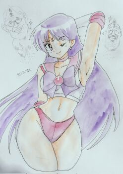 1girl 2boys bishoujo_senshi_sailor_moon crop_top elbow_gloves facial_hair gloves hino_rei long_hair multiple_boys purple_eyes purple_hair ribbon sailor_mars smile tani_gorira tiara traditional_media underwear