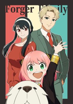 1boy 2girls :d absurdres anya_(spy_x_family) arm_up black_border black_hair blonde_hair blush bond_(spy_x_family) border breasts character_name child closed_mouth collared_shirt commentary cowboy_shot dog earrings eyebrows_hidden_by_hair eyelashes family formal_clothes girugiru_(tektonics6588) green_eyes green_pants green_suit hair_between_eyes hairband highres jewelry large_breasts long_hair long_sleeves looking_at_viewer medium_hair multiple_girls necktie nose open_mouth outline outside_border outstretched_hand pants pink_hair red_eyes red_necktie red_sweater shirt short_hair smile spy_x_family suit sweater tareme teeth tsurime twilight_(spy_x_family) upper_body upper_teeth_only v_arms waving white_dog white_hairband white_outline white_shirt yor_briar