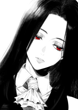 1other absurdres androgynous commentary english_commentary frown greyscale guilty_gear guilty_gear_strive hatching_(texture) head_tilt highres long_hair looking_down lughost monochrome other_focus parted_lips portrait red_eyes solo spot_color testament_(guilty_gear)