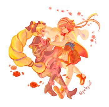 2girls aristocratic_clothes black_bow blonde_hair bow drill_hair elise_(fire_emblem) fire_emblem fire_emblem_fates hair_bow hairband highres japanese_clothes long_hair looking_at_another multiple_girls nintendo patapiaf pink_hair purple_hair sakura_(fire_emblem) smile twin_drills twintails white_hairband