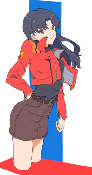 1girl belt brown_belt brown_eyes commentary dokkoisho_pxv earrings highres jacket jewelry katsuragi_misato long_hair neon_genesis_evangelion open_clothes open_jacket red_jacket solo stud_earrings