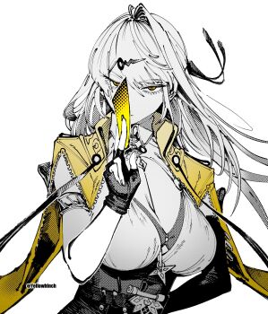 1girl arm_behind_back ben-day_dots between_breasts breasts commentary dated_commentary fingerless_gloves gloves hair_ornament hairclip halftone hand_up highres large_breasts limited_palette long_hair looking_at_viewer otimusyairoha screentones simple_background single_hair_intake solo twitter_username upper_body white_background yellow_eyes yixuan_(zenless_zone_zero) zenless_zone_zero