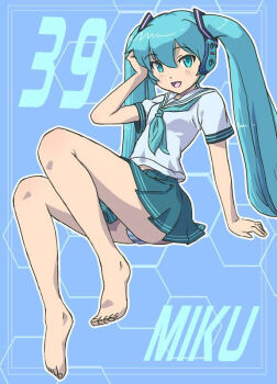 1girl :d aqua_eyes aqua_hair bare_legs barefoot blue_neckerchief blue_skirt blue_trim character_name commentary_request dot_nose full_body hair_between_eyes hair_ornament hand_on_own_head hatsune_miku headset long_hair looking_at_viewer neckerchief open_mouth panties pleated_skirt sailor_collar shirt skirt smile solo striped_clothes striped_panties toes tsune_(dreamers_express) twintails underwear very_long_hair vocaloid white_shirt