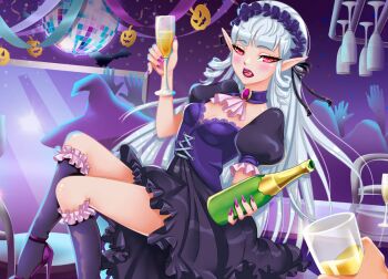 Rule 34 | alcohol, champagne, champagne bottle, champagne glass, choker, fap ceo, halloween, high heels, maid headdress, party, red eyes, shoes, skirt, socks, vampire, victoria (fap ceo), white hair