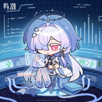 1girl book book_stack bright_pupils chibi chibi_only colored_eyelashes earrings english_text grey_hair hair_ornament hair_over_one_eye halo highres holographic_interface id_card jacket jewelry logo long_hair mornye_(wuthering_waves) official_art open_book parted_lips red_eyes see-through_body sitting solo tacet_mark_(wuthering_waves) triangle_earrings white_jacket white_pupils wuthering_waves