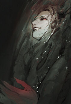 1boy colored_extremities crazy_eyes crazy_smile final_fantasy final_fantasy_xiv fingernails from_side garlean grin highres liquid looking_at_viewer male_focus partially_submerged pydiyudie red_eyes red_hands sanpaku sharp_fingernails smile solo third_eye upper_body zenos_yae_galvus