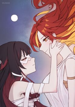 Rule 34 | 2girls, absurdres, ahoge, armlet, artist name, bandages, bare shoulders, black hair, closed eyes, closed mouth, columbina (genshin impact), commentary, dress, english commentary, eye mask, facing another, from side, full moon, genshin impact, hair ribbon, hand on another's face, highres, jewelry, long hair, looking at another, mask, mavuika (genshin impact), moon, multicolored hair, multiple girls, naked bandage, orange hair, red hair, red streaks, ribbon, selenium (reg no 06089), smile, two-tone hair, upper body, white dress, white ribbon, yuri