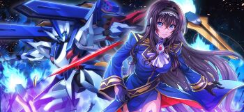 1girl black_gloves black_hair blue_eyes blue_fire breasts closed_mouth code_geass code_geass:_lost_stories commentary_request f4samurai fire gloves highres knightmare_frame long_hair looking_at_viewer maya_disel mecha military_uniform neckerchief official_art pendulum_(code_geass) robot solo white_neckerchief