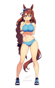 1girl alternate_costume animal_ears arm_under_breasts blue_bow blue_buruma blue_eyes blue_sports_bra blush bow braid braided_bangs breasts brown_hair buruma closed_mouth commentary contrapposto ear_bow english_commentary full_body hair_between_eyes hand_on_own_cheek hand_on_own_face horse_ears horse_girl horse_tail large_breasts long_hair looking_at_viewer low-braided_long_hair low-tied_long_hair multicolored_hair navel patreon_username revenantart signature simple_background skindentation smile solo sports_bra standing stomach streaked_hair super_creek_(umamusume) tail thighs umamusume very_long_hair watermark web_address white_background white_streaks