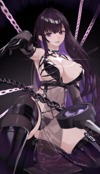 1girl absurdres bikini black_bikini black_boots black_choker black_gloves black_hair boots breasts chain choker colored_inner_hair commentary_request dark_background elbow_gloves gloves goddess_of_victory:_nikke highres large_breasts leather_bikini light_smile mihara_(bonding_chain)_(nikke) mihara_(nikke) multicolored_hair nagato_tsumugu official_alternate_costume open_mouth pelvic_curtain purple_eyes purple_hair revealing_clothes see-through_clothes see-through_pelvic_curtain solo swimsuit thighs