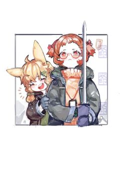 2girls ahoge animal_ears arknights beagle_(arknights) black_jacket blonde_hair blue_gloves bow closed_eyes commentary_request gloves green_bow green_shirt hair_bow hair_ornament hair_ribbon hairclip hand_on_another&#039;s_arm hiding hiding_behind_another holding holding_sword holding_weapon infection_monitor_(arknights) jacket kroos_(arknights) long_sleeves looking_at_viewer multiple_girls notice_lines open_mouth orange_hair orange_sweater pipidan rabbit_ears red_eyes red_ribbon ribbon shirt sweater sword teeth upper_body upper_teeth_only weapon white_background