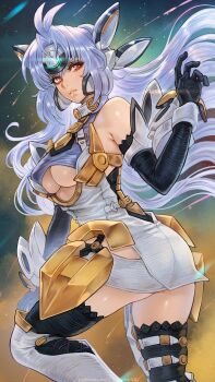 1girl android ass bare_shoulders black_gloves black_thighhighs blue_hair boots breasts clothing_cutout comet dress elbow_gloves feet_out_of_frame forehead_protector full_body gloves hand_up highres hip_vent kos-mos kos-mos_ver._4 long_hair magion02 medium_breasts microdress parted_lips red_eyes robot_ears sleeveless sleeveless_dress star_(sky) starry_sky_background thigh_boots thighhighs underboob underboob_cutout white_boots white_dress xenosaga xenosaga_episode_iii
