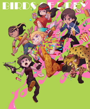 5girls absurdres bandana baseball_bat birds_of_prey blonde_hair blue_eyes bow_(weapon) brass_knuckles brown_eyes brown_hair candy cassandra_cain collar commentary copyright_name crossbow cuffs dc_comics dc_extended_universe dinah_lance donut english_commentary fingerless_gloves food gem gloves green_background grin hammer handcuffs harley_quinn helena_bertinelli highres holding holding_baseball_bat holding_crossbow holding_hammer holding_weapon hyena keenbiscuit lollipop multiple_girls navel open_mouth popcorn renee_montoya smile spotted_hyena weapon