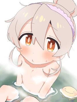 1girl bathing blush breasts closed_mouth completely_nude convenient_censoring dot_nose hair_between_eyes highres loli looking_at_viewer nude onii-chan_wa_oshimai! onsen oyama_mahiro pahurino partially_submerged simple_background sitting small_breasts solo steam steam_censor