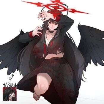 1girl antenna_hair barefoot black_hair black_shirt black_skirt black_wings blood blood_on_clothes blue_archive blunt_bangs blush breasts choker claw_pose cleavage collarbone commentary cosplay feathered_wings halo hasumi_(blue_archive) highres jpeg_artifacts large_breasts long_hair long_skirt low_wings messy_hair midriff mole mole_under_eye necktie nikrop parted_lips plump red_eyes red_halo red_necktie shaded_face shirt skirt smile solo torn_clothes torn_shirt tsurugi_(blue_archive) tsurugi_(blue_archive)_(cosplay) unworn_necktie very_long_hair wings