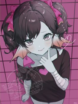 Rule 34 | 1girl, aqua skin, artist name, bandaged arm, bandages, bikini, black hair, black shirt, blurry, bow, bow swimsuit, chromatic aberration, colored skin, commentary request, cowboy shot, depth of field, dragon quest, dragon quest x, finger to cheek, fins, fish girl, from above, grey eyes, grid background, hair bow, head fins, heart, highres, long hair, looking at viewer, looking up, monster girl, nico (nikon), nikon (user aznh7528), pink background, pink bikini, pink bow, purple lips, shirt, short twintails, smile, solo, swimsuit, twintails, weddie (dq10)