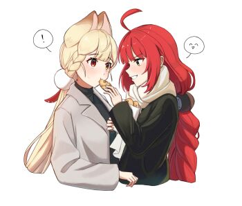 Rule 34 | !, 2girls, ahoge, alice thymefield, alternate costume, animal ears, black coat, black shirt, blonde hair, blush, braid, braided twintails, coat, commentary request, cropped torso, es030103010301, eye contact, feeding, fish, food, from side, green eyes, grin, hair ornament, heterochromia, highres, holding, holding food, long hair, looking at another, low twintails, multiple girls, rabbit ears, rabbit girl, red eyes, red hair, scarf, shirt, simple background, smile, sphere hair ornament, spoken exclamation mark, spoken expression, sweatdrop, turtleneck, twintails, ukinami yuzuha, upper body, white background, white coat, white scarf, yellow eyes, zenless zone zero