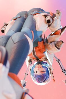 1girl 3d absurdres ass ass_focus bent_over blue_hair bodysuit helmet highres jacket juno_(overwatch) kanjihentai looking_at_viewer non-web_source one_eye_closed orange_jacket overwatch pink_background purple_hair skin_tight space_helmet spacesuit thrusters