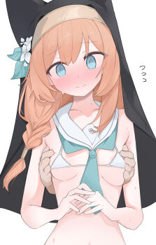 1boy 1girl @_@ absurdres bikini blue_archive blue_eyes blue_neckerchief blush braid breasts chinese_commentary closed_mouth collarbone commentary_request flying_sweatdrops gu_meng_yin hair_tubes highres long_hair mari_(blue_archive) neckerchief nose_blush orange_hair simple_background small_breasts solo_focus string_bikini swimsuit upper_body white_background white_bikini