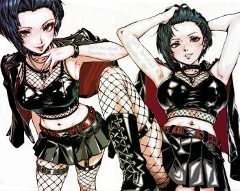 absurdres black_hair black_panties boots fishnets highres jacket jewelry leather leather_boots leather_bra leather_jacket leather_skirt necklace oeilvert_fft panties persona persona_5 short_hair skirt takemi_tae underwear