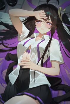 1girl absurdres arm_up black_hair black_shoes black_skirt bow bow_bra bra chitose_(stella_sora) collared_shirt colored_inner_hair highres long_hair looking_at_viewer mole mole_under_eye multicolored_hair one_side_up pleated_skirt purple_eyes purple_hair shirt shoes short_sleeves skirt solo stella_sora toramin_(tora_min_) underwear untied_ribbon very_long_hair white_shirt