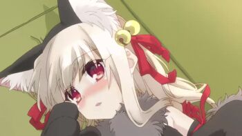 1girl animal_ears animated animated_gif anime_screenshot armpits black_leotard black_thighhighs blush cameltoe cat_ears cat_girl cat_tail center_opening clothing_cutout couch elbow_gloves fate/kaleid_liner_prisma_illya fate_(series) fur_collar fur_trim gloves hair_ribbon illyasviel_von_einzbern illyasviel_von_einzbern_(beast_style) leg_ribbon leotard loli long_hair long_sidelocks looking_at_viewer lying navel on_back paw_gloves red_eyes red_ribbon ribbon sidelocks tail tail_ornament tail_ribbon tears thigh_ribbon thighhighs thighs white_hair