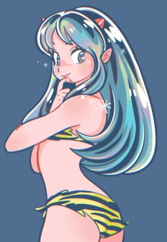 1girl animal_print blue_background blue_hair cone_horns from_behind highres horns long_hair looking_at_viewer looking_back lum muda_rengou_to_ziggy_stardust pointy_ears simple_background solo tiger_print tiger_print_bikini urusei_yatsura