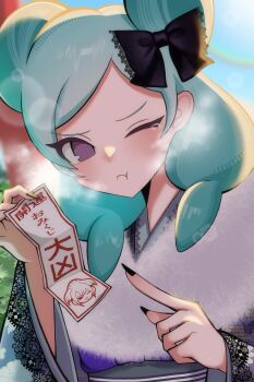 1girl :t aqua_hair beta_(inazuma_eleven) black_bow black_nails bow close-up closed_mouth fur-trimmed_kimono fur_trim hair_bow highres holding holding_omikuji holding_paper inazuma_eleven_(series) inazuma_eleven_go inazuma_eleven_go_chrono_stone japanese_clothes kimono omikuji one_eye_closed paper purple_eyes solo tears tryx_27 upper_body