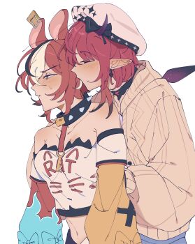 2girls absurdres addendium animal_ears bare_shoulders black_streaks blue_eyes blush brown_sweater collar commentary earrings hakos_baelz hakos_baelz_(1st_costume) hand_on_another&#039;s_waist hashtag-only_commentary hat highres hololive hololive_english irys_(casualrys)_(hololive) irys_(hololive) jewelry key key_necklace mouse_ears multiple_girls necklace off-shoulder_shirt off_shoulder parted_lips pointy_ears red_hair red_nails shirt simple_background sweater virtual_youtuber white_background white_hat white_shirt white_streaks yuri