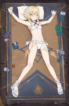 1girl absurdres bdsm belt blonde_hair blush bondage bound bound_ankles bound_wrists bra breasts card cleavage closed_eyes dark_skin disembodied_hand genshin_impact hair_between_eyes highres juzi_(orange8619) lumine_(genshin_impact) lying motion_lines on_back outstretched_arms panties pillow restrained sandals shiny_skin short_hair small_breasts smile spread_arms spread_eagle_position spread_legs tickling tickling_legs toenails toes trembling underwear white_bra white_panties