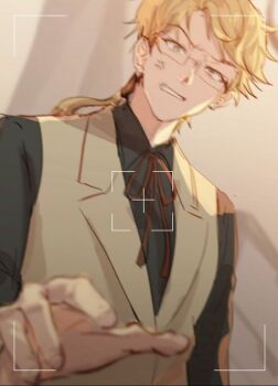 Rule 34 | 1boy, anger vein, black shirt, blonde hair, brown jacket, bungou stray dogs, clenched teeth, collared shirt, glasses, jacket, kunikida doppo (bungou stray dogs), looking at viewer, male focus, motion blur, neck ribbon, pigon, rectangular eyewear, red ribbon, ribbon, rimless eyewear, shirt, solo, teeth, upper body, vest, viewfinder, waistcoat