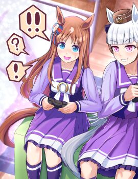 Rule 34 | !, !!, 2girls, ?, absurdres, animal ears, blue eyes, blunt bangs, blush, bow, bowtie, breasts, brown hair, brown hat, collarbone, commentary request, controller, ear bow, ear ribbon, game controller, gold ship (umamusume), grass wonder (umamusume), grey hair, hat, highres, holding, holding controller, holding game controller, horse ears, horse girl, horse tail, kneehighs, long hair, long sleeves, multicolored hair, multiple girls, open mouth, pakatube, pillbox hat, pleated skirt, purple bow, purple eyes, purple sailor collar, purple serafuku, purple shirt, purple skirt, purple socks, sailor collar, sailor shirt, school uniform, serafuku, shirt, sitting, skirt, smile, socks, speech bubble, spoken exclamation mark, spoken question mark, sweatdrop, tail, torinosukei, tracen school uniform, umamusume, white bow, white bowtie, white hair
