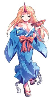 1girl alcohol alphes_(style) bare_shoulders bow bowl breasts chain cleavage collarbone commentary_request dairi floral_print full_body geta highres holding horns hoshiguma_yuugi hoshiguma_yuugi_(kimono) japanese_clothes kimono large_variant_set liquid long_hair medium_breasts no_legwear obi off_shoulder open_clothes open_kimono parody red_bow sake sandals sash single_horn solo style_parody tachi-e toes touhou transparent_background tsurime variant_set very_long_hair walking