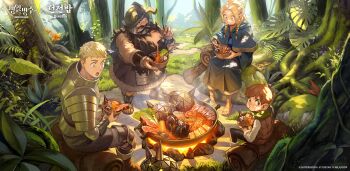 1girl 3boys absurdres arknights armor beard blonde_hair blue_capelet blue_robe blush bowl braid brown_eyes brown_hair campfire capelet chilchuck_tims commentary cooking copyright_notice daniel_deng dappled_sunlight dungeon_meshi dwarf eating elf english_commentary facial_hair fake_horns green_eyes halfling helmet highres holding holding_bowl hood hooded_capelet horned_helmet horns laios_touden leather_armor long_beard long_hair long_sleeves looking_at_viewer looking_back marcille_donato multiple_boys multiple_braids mustache official_art open_mouth outdoors plant_roots plate_armor pointy_ears robe senshi_(dungeon_meshi) short_hair sitting sparkle standing sunlight thick_mustache tree very_long_beard very_short_hair wok yellow_eyes