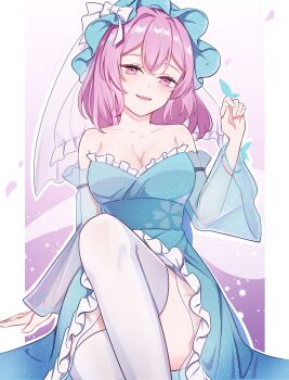 1girl absurdres alternate_costume bare_shoulders blue_butterfly blue_hat bow breasts bug butterfly butterfly_on_hand cleavage collarbone commentary_request detached_sleeves dress falling_petals hat hat_bow highres insect large_breasts long_sleeves looking_at_viewer luuu_u_u medium_hair mob_cap open_mouth petals pink_eyes pink_hair pink_petals saigyouji_yuyuko see-through_clothes see-through_sleeves sitting smile solo strapless strapless_dress thighhighs touhou white_bow white_thighhighs wide_sleeves