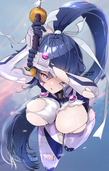 1girl black_hair blue_background blue_eyes bodysuit breasts commentary_request dot_nose fortified_suit gem gloves hair_ribbon high_ponytail highres holding holding_sword holding_weapon kinako_(mzknk0) large_breasts long_hair looking_at_viewer mecha_pilot_suit mitsurugi_meiya muv-luv muv-luv_alternative parted_lips ponytail purple_gem ribbon shiny_skin solo sweat sword torn_bodysuit torn_clothes twitter_username very_long_hair watermark weapon white_ribbon