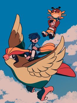 2boys backwards_hat baseball_cap beak bird black_hair blue_hair blue_jacket blue_kimono closed_eyes closed_mouth commentary ethan_(pokemon) falkner_(pokemon) flying gen_1_pokemon gen_2_pokemon hair_over_one_eye hat highres holding hoothoot jacket japanese_clothes kimono long_sleeves multiple_boys nintendo open_clothes open_jacket open_mouth owl pidgeot pokemon pokemon_(creature) pokemon_gsc red_jacket riding riding_pokemon shoes short_hair short_sleeves shorts sky smile struggling symbol-only_commentary talons tyako_089 wings wristband yellow_shorts