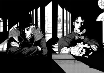 2boys birthmark bow bowtie crossed_arms dark dio_brando emg_(christain) greyscale own_hands_clasped hat highres jojo_no_kimyou_na_bouken jonathan_joestar male_focus monochrome multiple_boys own_hands_together shadow split_screen top_hat window