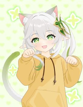 Rule 34 | 1girl, :d, alternate costume, animal ear fluff, animal ears, cat ears, cat tail, commentary request, drawstring, extra ears, genshin impact, gradient tail, green eyes, green tail, hair between eyes, hair ornament, hands up, highres, hood, hoodie, kemonomimi mode, long hair, looking at viewer, nahida (genshin impact), nana5863390, open mouth, pointy ears, side ponytail, smile, solo, star-shaped pupils, star (symbol), symbol-shaped pupils, tail, white hair, white tail, yellow hoodie
