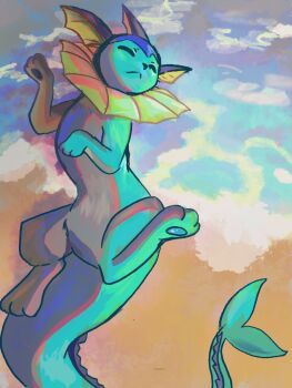 :< animal_focus beach blue_fur cetacean_tail closed_eyes closed_mouth fins fish_tail full_body gen_1_pokemon head_fins highres lying nintendo no_humans on_back opryee pawpads pokemon pokemon_(creature) pokemon_focus solo tail vaporeon water