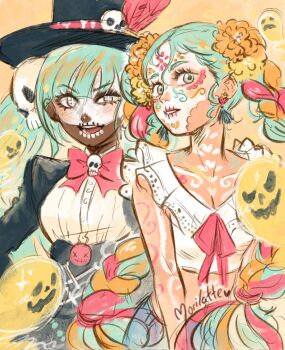 2girls black_jacket blue_eyes blue_hair bone borrowed_design bow braid braided_twintails brooch calavera crop_top cropped_jacket cross-shaped_pupils dark-skinned_female dark_skin dia_de_muertos dual_persona earrings eyelashes facepaint flower frilled_shirt frills ghost hair_flower hair_ornament hat hat_feather hatsune_miku highres jacket jewelry lipstick long_hair long_sleeves makeup mexico morilatte_art multicolored_hair multiple_girls open_mouth orange_hair pink_lips red_bow red_hair shirt skull skull_brooch skull_hair_ornament smile symbol-shaped_pupils top_hat v_arms vocaloid white_shirt worldwide_miku