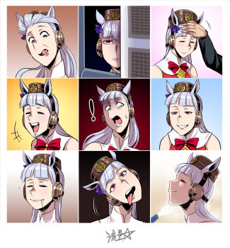 ! +++ 1girl :d animal_ears blunt_bangs blush closed_eyes closed_mouth ear_covers gold_ship_(umamusume) grey_hair grin head_tilt highres horse_ears hose implied_extra_ears long_hair looking_at_viewer making_faces multiple_views open_mouth peeking_out red_eyes ryuusei_(mark_ii) signature smile solo_focus tongue tongue_out umamusume wide-eyed