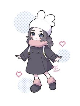 1girl ansha_(pokemon) bag black_coat black_hair blue_eyes blush blush_stickers braid closed_mouth coat full_body hat heart highres long_hair long_sleeves looking_at_viewer nintendo pink_scarf pokemon pokemon_legends:_z-a saki_pokeoekaki scarf shoes smile solo white_hat winter_clothes winter_coat