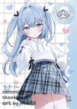 >_< 1girl ahoge animal_ear_hood artist_name black_bow blue_bow blue_eyes blue_hair blue_skirt bow candy center_frills chibi chibi_inset closed_mouth commentary_request commission cowboy_shot drawstring fake_animal_ears food frills frown grid_background hair_between_eyes hair_bow hair_intakes hair_ornament hand_on_own_hip hand_up heart heart-shaped_food highres holding holding_candy holding_food hood hood_down hood_up hoodie layered_clothes long_hair long_sleeves looking_at_viewer meibi_1 miniskirt multiple_hair_bows original plaid_clothes plaid_skirt pleated_skirt shirt sidelocks skeb_commission skirt sleeve_bow solo thank_you thighhighs two_side_up white_background white_hoodie white_shirt white_thighhighs zettai_ryouiki